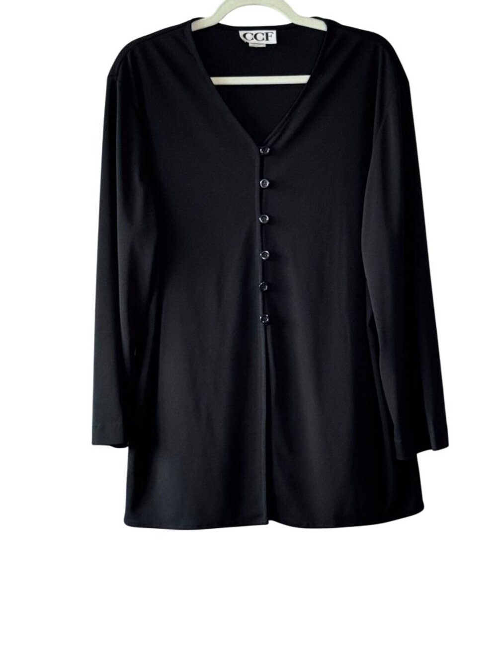 CCF Womens Vintage Longline Black Cardigan XL Stretchable Knit USA-Made